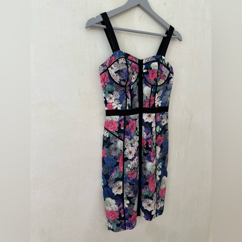 REBECCA MINKOFF Floral Bustier 100% Rayon Cocktail Wedding Guest Dress Size 0 - Picture 3 of 13